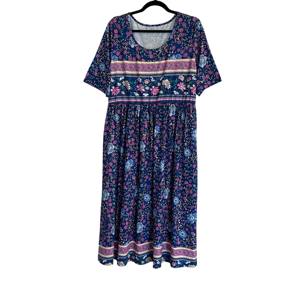 Blue Floral Paisley Empire Waist Short Sleeve Midi Dress Casual Size Large
